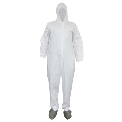 MICROPOROUS COVERALL WHITE-ELASTIC WRIST HOOD GREY BOOTS-LG