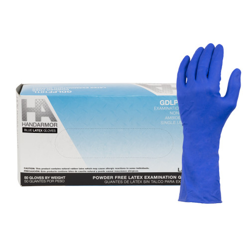 LATEX HIGH RISK POWDER FREE GLOVES 14 MIL BLUE  10 50  MED